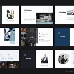 May include: A pitch deck PowerPoint template with a dark gray background and white text. The slides include images of people using phones, working on laptops, and brainstorming ideas. The text on the slides includes the words "Introduction", "Who we are", "Why us?", "Problem", and "Solution".