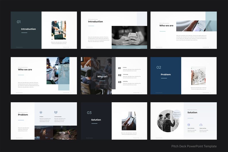 May include: A pitch deck PowerPoint template with a dark gray background and white text. The slides include images of people using phones, working on laptops, and brainstorming ideas. The text on the slides includes the words "Introduction", "Who we are", "Why us?", "Problem", and "Solution".
