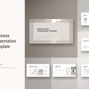Op de afbeelding: Een zakelijke presentatietemplate met een minimalistisch ontwerp. De template bevat dia's voor een businessplan, een concurrentieanalyse, een business key, een roadmap, problemen en marktpotentieel. De template is ontworpen om eenvoudig en gebruiksvriendelijk te zijn, met de nadruk op visuele aantrekkingskracht.