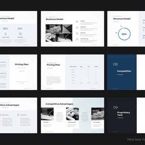 May include: A pitch deck PowerPoint template with a dark blue, black, and white color scheme. The slides include a business model, revenue model, pricing plan, competitive advantages, competition, and proprietary technology.