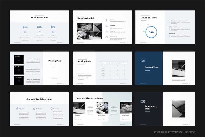May include: A pitch deck PowerPoint template with a dark blue, black, and white color scheme. The slides include a business model, revenue model, pricing plan, competitive advantages, competition, and proprietary technology.