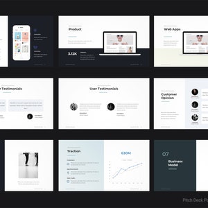 May include: A black and white pitch deck PowerPoint template with a minimalist design. The template includes slides for mobile apps, web apps, user testimonials, customer opinion, traction, and business model. The slides feature images, charts, and text.