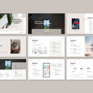 Peut inclure: Mod&egrave;le de pr&eacute;sentation avec un design moderne. Les diapositives comprennent des sections pour le r&eacute;sum&eacute;, le probl&egrave;me, la solution, le produit et l'analyse du march&eacute;. Le titre "Pitch Deck Presentation Template" est affich&eacute; sur plusieurs diapositives. La palette de couleurs est principalement blanche et beige.
