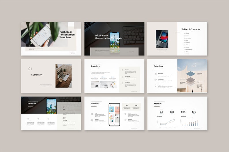 Peut inclure: Mod&egrave;le de pr&eacute;sentation avec un design moderne. Les diapositives comprennent des sections pour le r&eacute;sum&eacute;, le probl&egrave;me, la solution, le produit et l'analyse du march&eacute;. Le titre "Pitch Deck Presentation Template" est affich&eacute; sur plusieurs diapositives. La palette de couleurs est principalement blanche et beige.