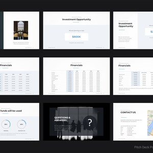 May include: A pitch deck PowerPoint template with a dark blue and white color scheme. The template includes slides for financial information, investment opportunities, questions and answers, and contact information. The template also includes a map of a city.