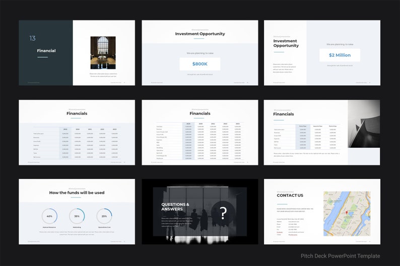 May include: A pitch deck PowerPoint template with a dark blue and white color scheme. The template includes slides for financial information, investment opportunities, questions and answers, and contact information. The template also includes a map of a city.