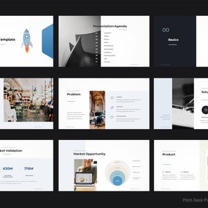 May include: A pitch deck PowerPoint template with a blue rocket ship icon. The template includes slides for introduction, problem, solution, market validation, market opportunity, product, and basics.