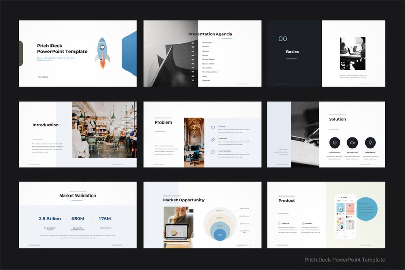 May include: A pitch deck PowerPoint template with a blue rocket ship icon. The template includes slides for introduction, problem, solution, market validation, market opportunity, product, and basics.