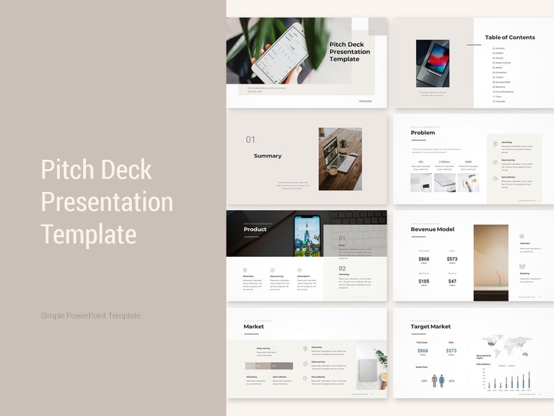 Peut inclure: Mod&egrave;le de pr&eacute;sentation PowerPoint intitul&eacute; "Pitch Deck Presentation Template" en texte blanc sur fond beige. Le mod&egrave;le comprend des diapositives avec des titres tels que "R&eacute;sum&eacute;", "Produit" et "Mod&egrave;le de revenus".