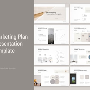 Op de afbeelding: Een presentatie sjabloon voor een marketingplan. Het sjabloon bevat dia's voor marktgroei, concurrentieanalyse, marktvalidatie, marktstructuur, marketingmix en social media strategie.