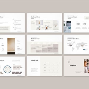 Peut inclure: Diapositives de pr&eacute;sentation commerciale avec des titres tels que &laquo;&nbsp;Business Model&nbsp;&raquo;, &laquo;&nbsp;Revenue Model&nbsp;&raquo; et &laquo;&nbsp;Business Locations&nbsp;&raquo;. Les diapositives pr&eacute;sentent des graphiques, des tableaux et du texte, avec une palette de couleurs neutres de blanc, beige et gris.