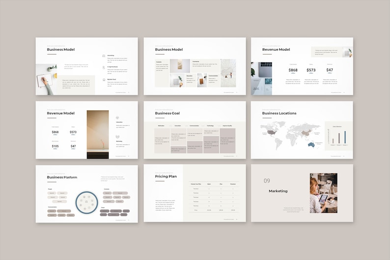 Peut inclure: Diapositives de pr&eacute;sentation commerciale avec des titres tels que &laquo;&nbsp;Business Model&nbsp;&raquo;, &laquo;&nbsp;Revenue Model&nbsp;&raquo; et &laquo;&nbsp;Business Locations&nbsp;&raquo;. Les diapositives pr&eacute;sentent des graphiques, des tableaux et du texte, avec une palette de couleurs neutres de blanc, beige et gris.
