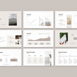 Peut inclure: Un mod&egrave;le de pr&eacute;sentation avec une palette de couleurs neutres. Les diapositives pr&eacute;sentent les titres "Traction" et "Business Model", ainsi que des graphiques et des images. Le design est &eacute;pur&eacute; et moderne, adapt&eacute; aux pr&eacute;sentations commerciales ou marketing.