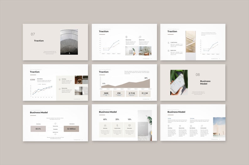 Peut inclure: Un mod&egrave;le de pr&eacute;sentation avec une palette de couleurs neutres. Les diapositives pr&eacute;sentent les titres "Traction" et "Business Model", ainsi que des graphiques et des images. Le design est &eacute;pur&eacute; et moderne, adapt&eacute; aux pr&eacute;sentations commerciales ou marketing.