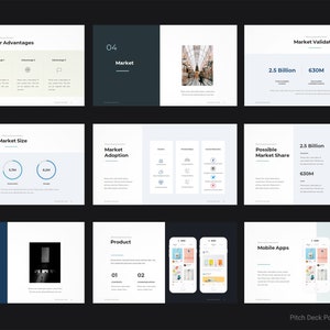 May include: A pitch deck PowerPoint template with a blue and white color scheme. The template includes slides for market validation, market size, market adoption, product, and mobile apps. The slides feature charts, graphs, and images.