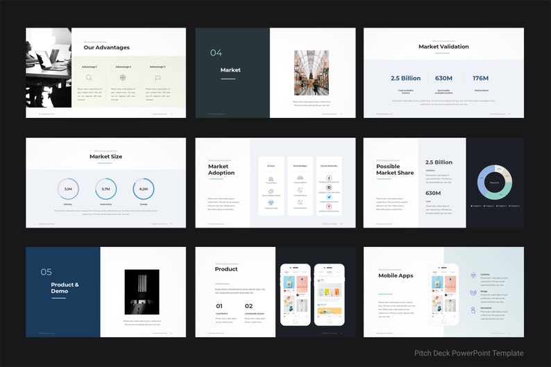 May include: A pitch deck PowerPoint template with a blue and white color scheme. The template includes slides for market validation, market size, market adoption, product, and mobile apps. The slides feature charts, graphs, and images.