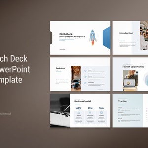 May include: A blue and white PowerPoint template for a pitch deck. The template includes slides for an introduction, problem, market opportunity, business model, and traction. The template also includes a rocket ship icon and a graph.