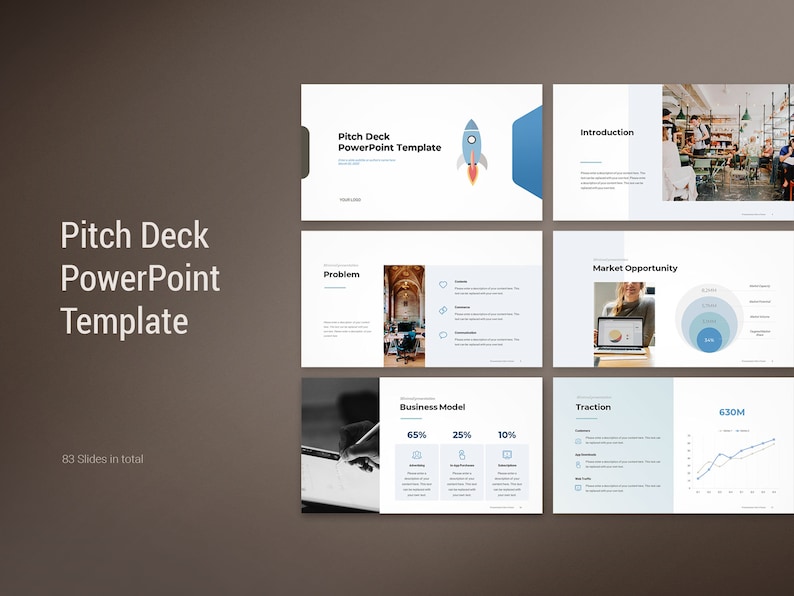 May include: A blue and white PowerPoint template for a pitch deck. The template includes slides for an introduction, problem, market opportunity, business model, and traction. The template also includes a rocket ship icon and a graph.