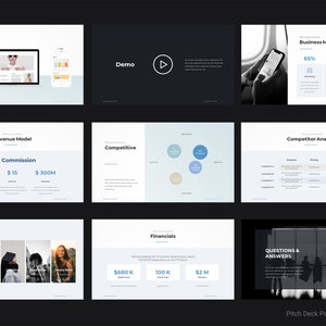 May include: A pitch deck PowerPoint template with a black and white image of a person holding a smartphone. The template includes slides for product, revenue model, demo, business model, competitive analysis, financials, our team, and questions and answers.