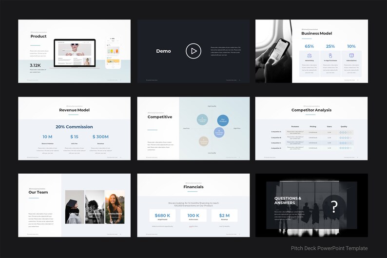 May include: A pitch deck PowerPoint template with a black and white image of a person holding a smartphone. The template includes slides for product, revenue model, demo, business model, competitive analysis, financials, our team, and questions and answers.