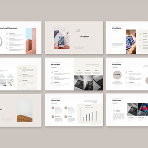 Peut inclure: Mod&egrave;le de pr&eacute;sentation avec un fond beige clair. Les diapositives pr&eacute;sentent le texte "Comment les fonds seront utilis&eacute;s", "Probl&egrave;me" et "Solution". Les diapositives comprennent des graphiques, des diagrammes et des images de smartphones et de b&acirc;timents.