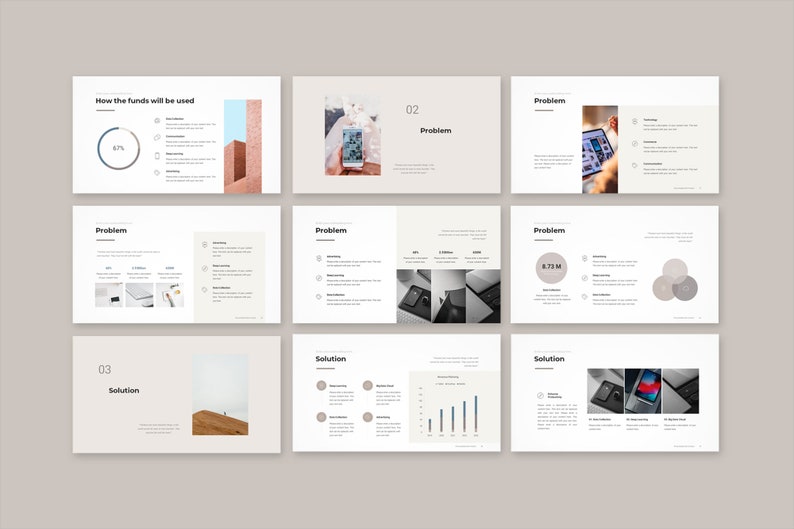 Peut inclure: Mod&egrave;le de pr&eacute;sentation avec un fond beige clair. Les diapositives pr&eacute;sentent le texte "Comment les fonds seront utilis&eacute;s", "Probl&egrave;me" et "Solution". Les diapositives comprennent des graphiques, des diagrammes et des images de smartphones et de b&acirc;timents.