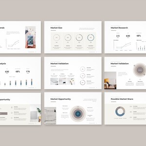 Peut inclure: Ensemble de neuf diapositives de pr&eacute;sentation avec des titres tels que &laquo; Tendances du march&eacute; &raquo; et &laquo; Taille du march&eacute; &raquo;. Les diapositives pr&eacute;sentent des graphiques et des visualisations de donn&eacute;es dans un design minimaliste avec une palette de couleurs neutres.