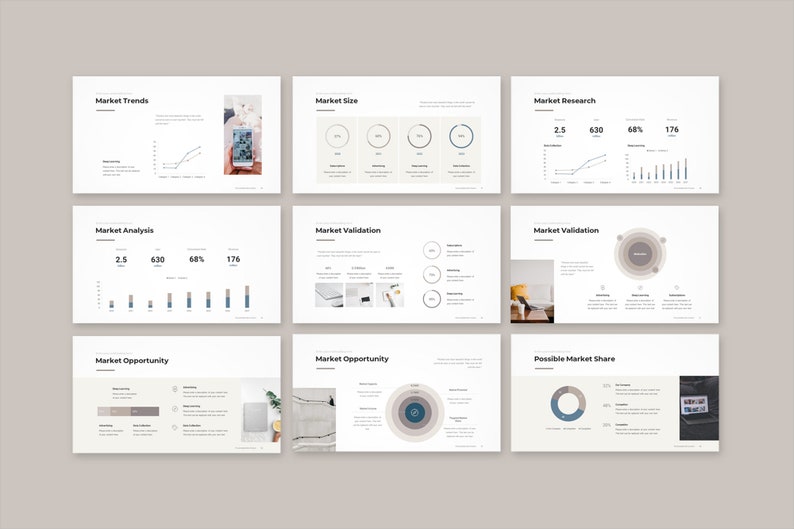 Peut inclure: Ensemble de neuf diapositives de pr&eacute;sentation avec des titres tels que &laquo; Tendances du march&eacute; &raquo; et &laquo; Taille du march&eacute; &raquo;. Les diapositives pr&eacute;sentent des graphiques et des visualisations de donn&eacute;es dans un design minimaliste avec une palette de couleurs neutres.