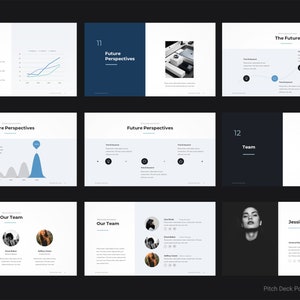 May include: A pitch deck PowerPoint template with a dark blue and white color scheme. The slides include text, charts, and images. The text includes the words "Sales Strategies", "Future Perspectives", "Team", and "The Future".
