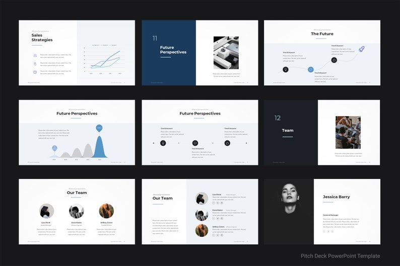 May include: A pitch deck PowerPoint template with a dark blue and white color scheme. The slides include text, charts, and images. The text includes the words "Sales Strategies", "Future Perspectives", "Team", and "The Future".