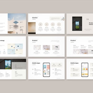 Peut inclure: Diapositives de pr&eacute;sentation avec un design minimaliste. Les diapositives pr&eacute;sentent du texte, des ic&ocirc;nes et des images, dont un smartphone affichant une interface d'application. La palette de couleurs est principalement blanche, noire et beige.