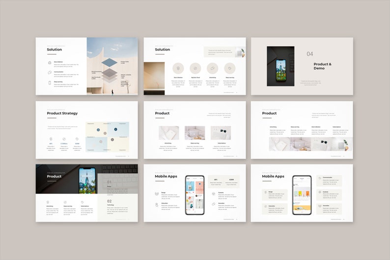 Peut inclure: Diapositives de pr&eacute;sentation avec un design minimaliste. Les diapositives pr&eacute;sentent du texte, des ic&ocirc;nes et des images, dont un smartphone affichant une interface d'application. La palette de couleurs est principalement blanche, noire et beige.