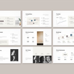 Peut inclure: Pr&eacute;sentation de neuf diapositives avec du texte et des graphiques. Les diapositives couvrent des sujets tels que l'analyse du march&eacute;, la concurrence, la traction, les mod&egrave;les &eacute;conomiques, les revenus, la feuille de route, l'&eacute;quipe et les besoins de financement. La palette de couleurs est neutre.