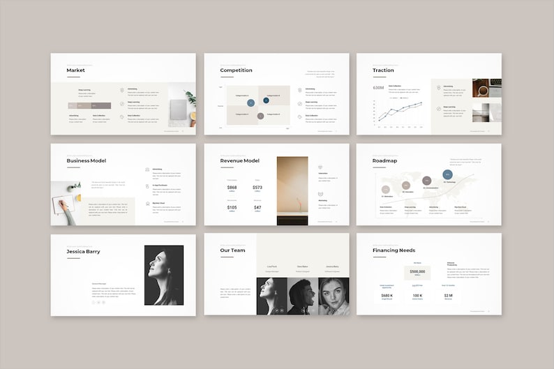 Peut inclure: Pr&eacute;sentation de neuf diapositives avec du texte et des graphiques. Les diapositives couvrent des sujets tels que l'analyse du march&eacute;, la concurrence, la traction, les mod&egrave;les &eacute;conomiques, les revenus, la feuille de route, l'&eacute;quipe et les besoins de financement. La palette de couleurs est neutre.
