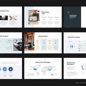 May include: A PowerPoint presentation template with a blue, gray, and white color scheme. The template includes slides for a SWOT analysis, marketing mix, customer analysis, social media strategies, and market area strategies. The template also includes a slide with a world map and a slide with a map of the United States.