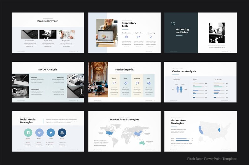 May include: A PowerPoint presentation template with a blue, gray, and white color scheme. The template includes slides for a SWOT analysis, marketing mix, customer analysis, social media strategies, and market area strategies. The template also includes a slide with a world map and a slide with a map of the United States.