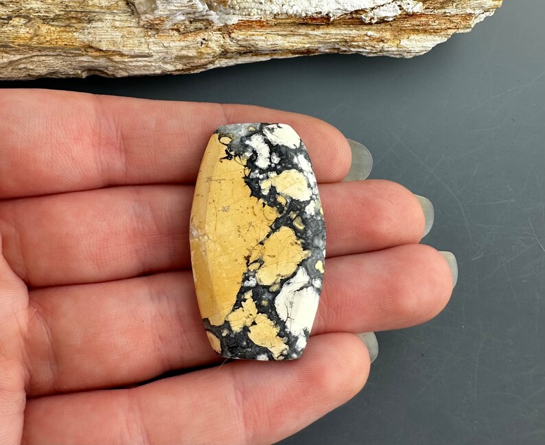 Puede incluir: Una piedra de cabuj&oacute;n de forma ovalada con un patr&oacute;n amarillo, negro y blanco. La piedra es lisa y pulida, con una apariencia marmoleada &uacute;nica.