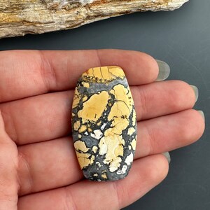 May include: A yellow and gray patterned oval-shaped stone cabochon. The stone has a unique and intricate pattern of yellow, gray, and white.