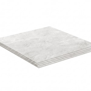 May include: A stack of four square tiles featuring a light gray and white marble pattern with subtle veining. Each tile has a smooth, flat surface and straight edges, arranged in a neat, aligned pile viewed from an elevated perspective.