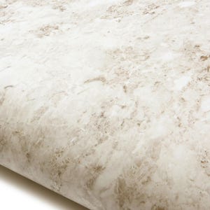 May include: Close-up of a roll of marble-effect contact paper. The paper has a cream base with subtle brown and grey veining, creating a realistic stone effect. The paper is slightly curved, showing its rolled form.