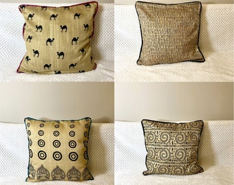 Silk Cushion,Pillow cover,Mustard,gold,wine,tribal,ethnic prints,camel.India art decor,warli,throw pillows,16 inch.