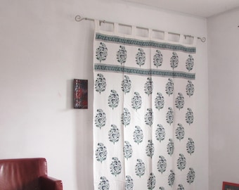 Blocco a mano stampato tende superiore linguetta di cotone,tende loop,boho,stampa floreale boho,verde,tonalità blu.