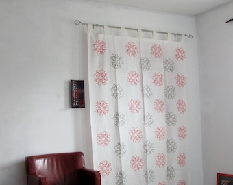 Hand block printed cotton tab top curtains,loop curtains,boho ,bohemian print,pink grey shades.Introductory price.