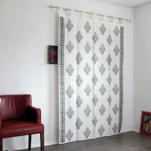 Hand block printed cotton tab top curtains,loop curtains,boho ,bohemian print,monochrome.