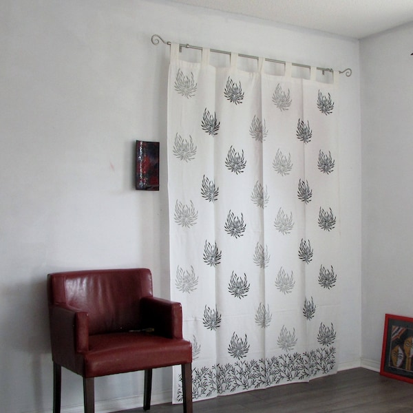 Hand block printed cotton tab top curtains,loop curtains,boho ,bohemian print,monochrome.