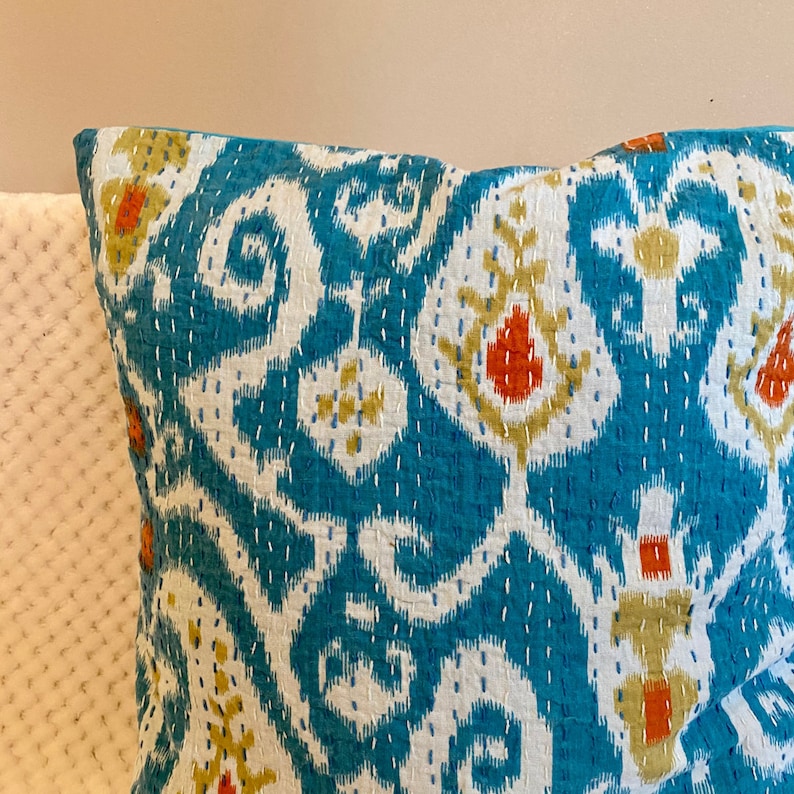 Ethnic Kantha Stitch Tropical Birds Cushion Cover ikat,Teal,Blue,16 inches square,throw pillows boho,bohemian,India home decor,hippy,hippie
