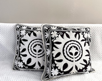 Cotton Cushion/Pillow Cover Embroidered,16 x 16 inches.Black floral motif,Suzani.