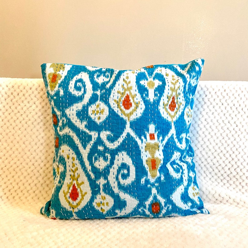 Ethnic Kantha Stitch Tropical Birds Cushion Cover ikat,Teal,Blue,16 inches square,throw pillows boho,bohemian,India home decor,hippy,hippie