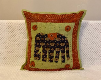 Cushion Cover,throw pillow case,Kantha Stitch applique,elephant motif,multi color,16 inches square.boho,bohemian,children room ,eastern art