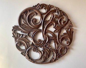 Carved wood panel wall  decor,wall mural relief panel art,24 x 24 inch diameter,distress wood finish,above,over bed wall art decor.